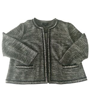 Talbots Tweed Jacket 2X | Black & Ivory Fringe Trim Open Front Blazer | Classic